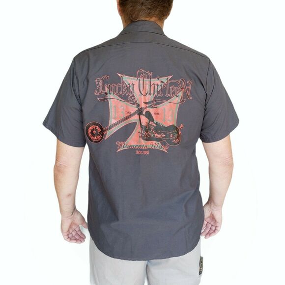 LUCKY 13 THIRTEEN button down short sleeve casual gray work shirt Momento Mori L - Picture 8 of 8